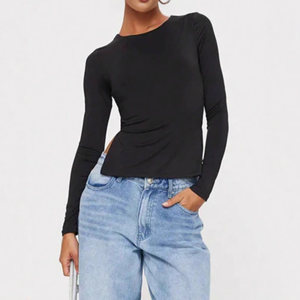 Damen kurzes Wickel-Crop-Top mit Rückenschnürung und langen Ärmeln – Avérine