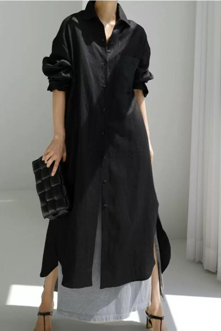 Damen Oversize-Leinen-Hemdmaxikleid mit Stehkragen, Krempelärmeln und hohen Seitenschlitzen – Valéora