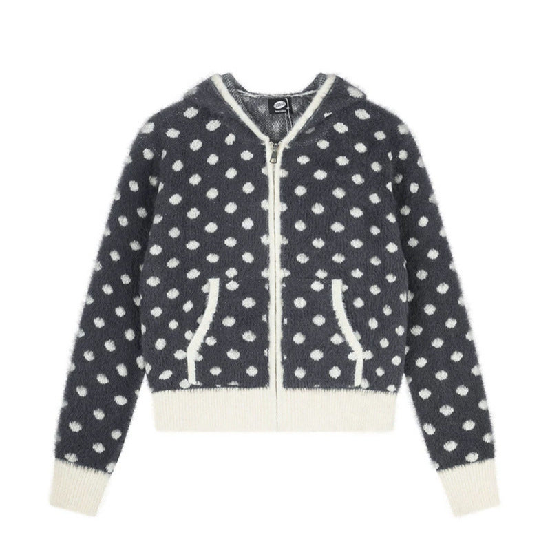 Damen Flauschige Kapuzen‑Zipjacke mit Polka‑Dot‑Jacquard und Eingrifftaschen Echoarchiv