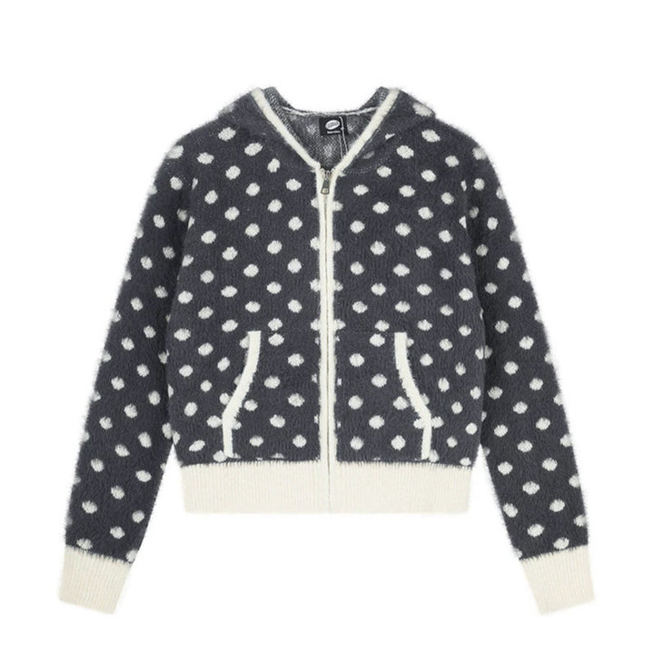 Damen Flauschige Kapuzen‑Zipjacke mit Polka‑Dot‑Jacquard und Eingrifftaschen Echoarchiv