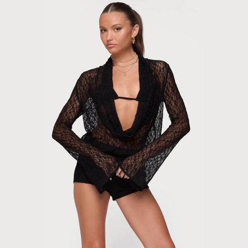 Damen Transparente Spitze Bluse mit tiefem V-Ausschnitt und weit ausgestellten Ärmeln Echo Archiv
