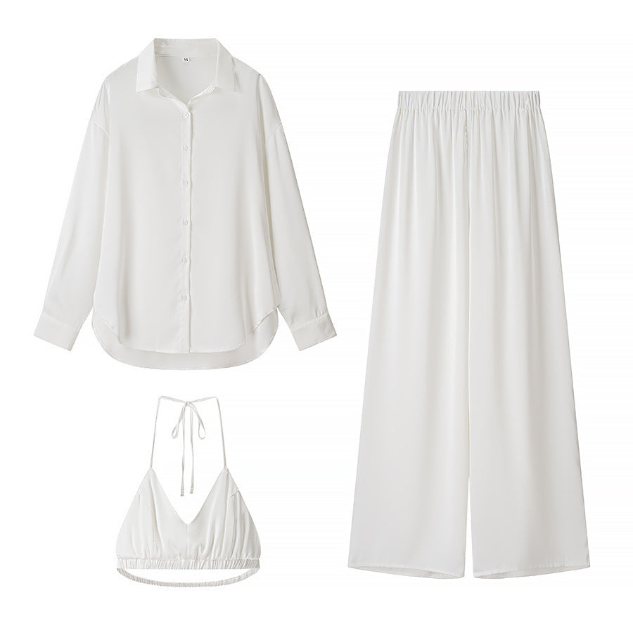 Damen elegantes Dreiteiler-Set Oversize-Hemd Highwaist-Weitbeinhose und Neckholder-Croptop – Élanora