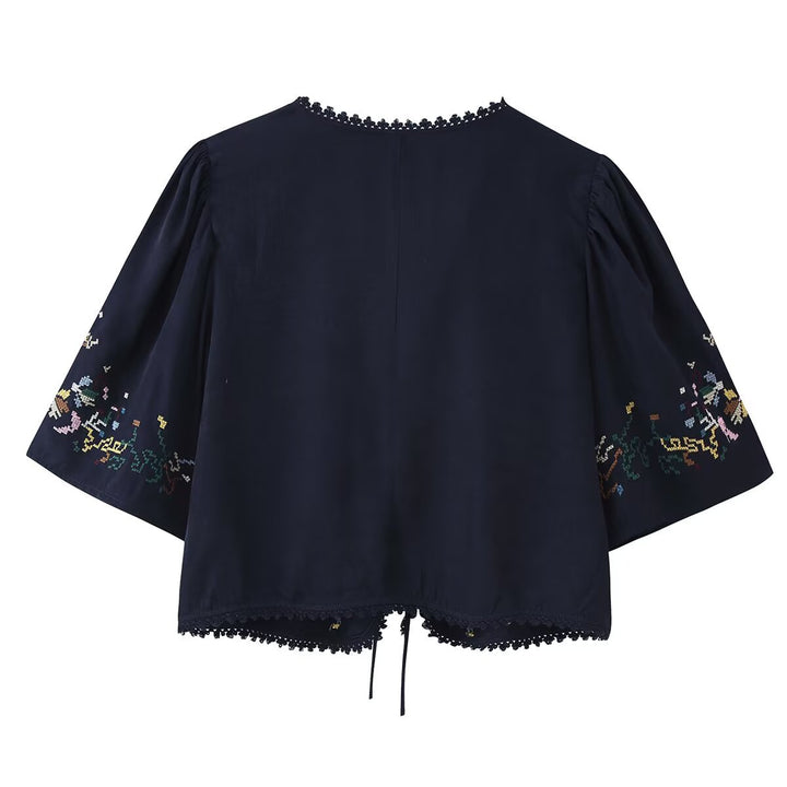 Damen Bestickte Boho-Kimono-Jacke mit Bindeband und Häkelbesatz Echo Archiv