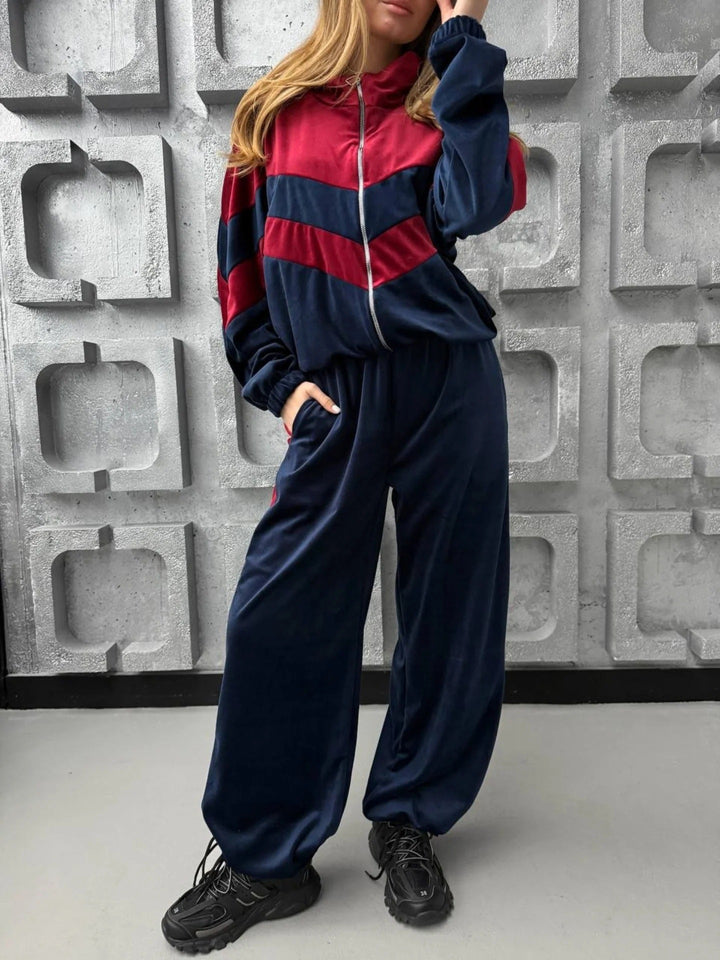 Damen Retro-inspiriertes Samt-Trackset mit Chevron-Design, Stehkragen und weiter High-Waist-Jogger – Avérine