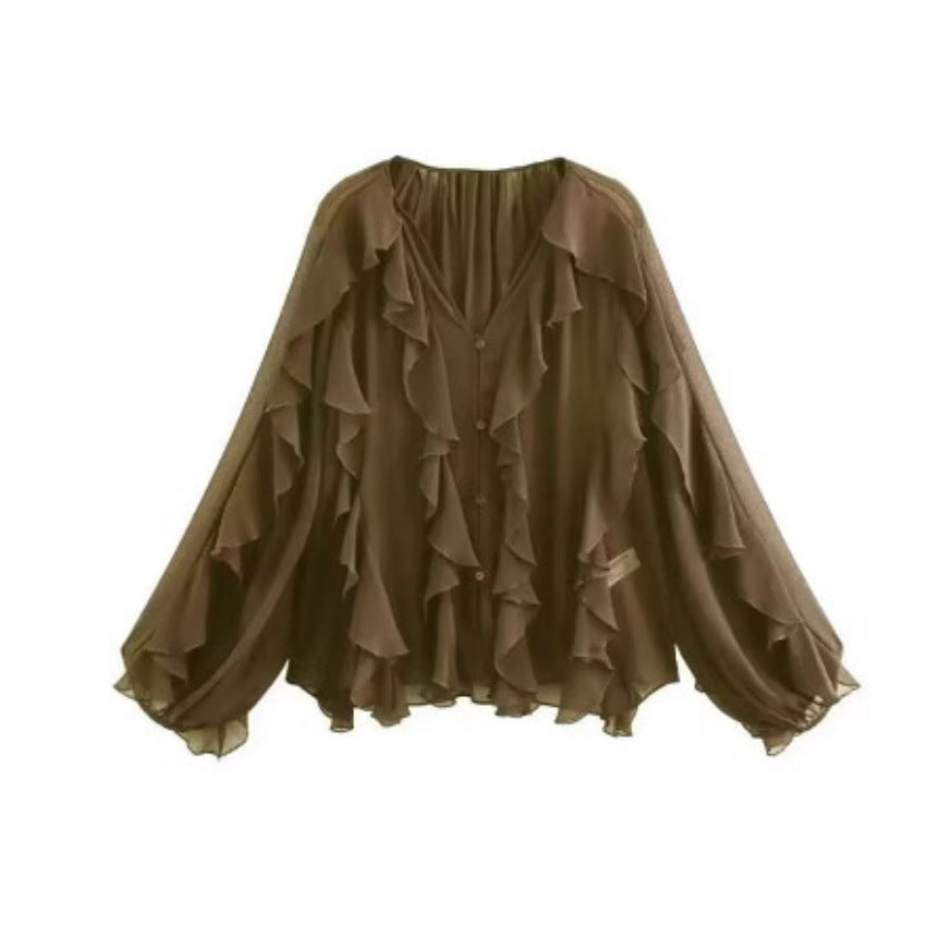 Damen nan feminine Chiffon-Volantbluse mit Ballonärmeln und V-Ausschnitt Echo Archiv