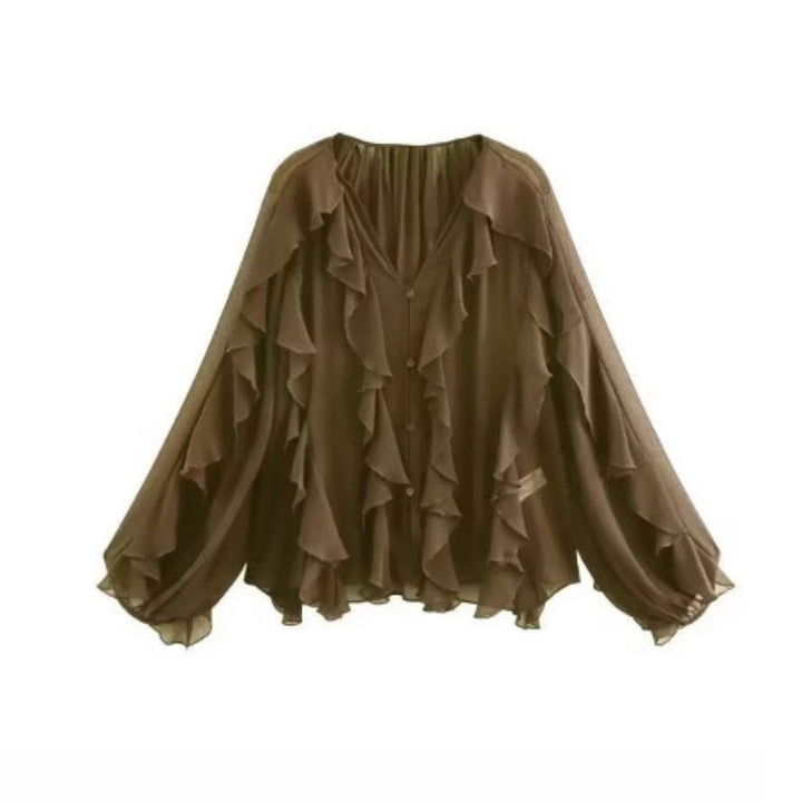 Damen nan feminine Chiffon-Volantbluse mit Ballonärmeln und V-Ausschnitt Echo Archiv