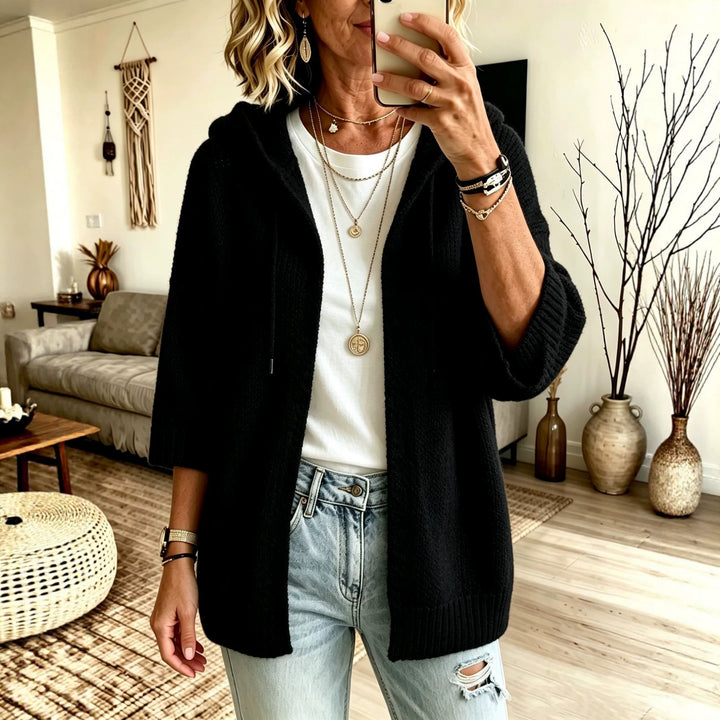 Damen Kapuzen-Longcardigan aus grobem Strick mit 3/4-Ärmeln und offener Front – Veloura