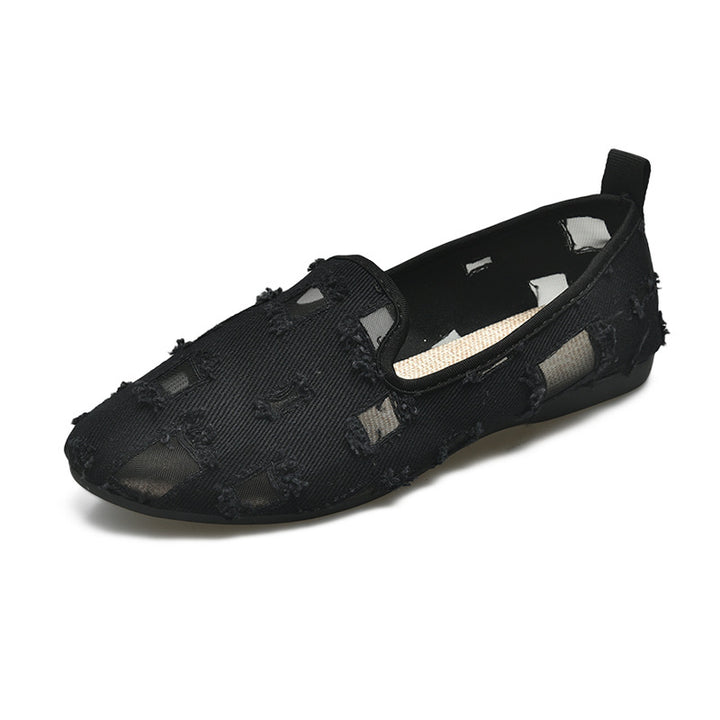 Damen nan lässiger Slipper mit Netz-Einsätzen und ausgefransten Jeansdetails Echo Archiv