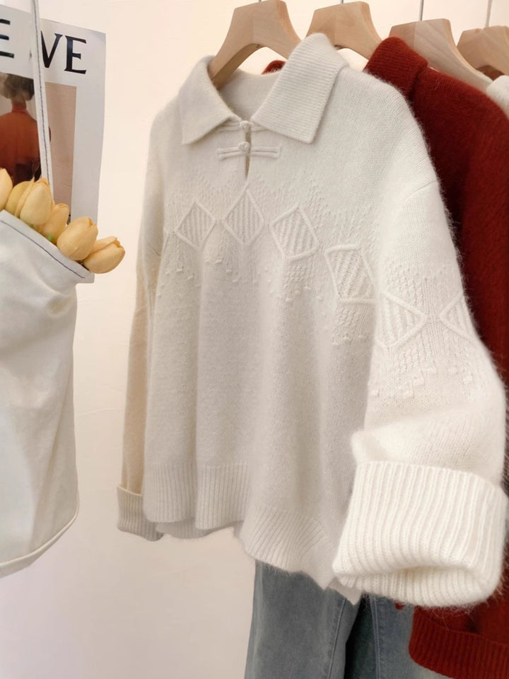 Damen Polokragen-Pullover im Mohair‑Look mit Ajour‑Zopfmuster, überschnittener Schulter und weiter Silhouette Echoarchiv