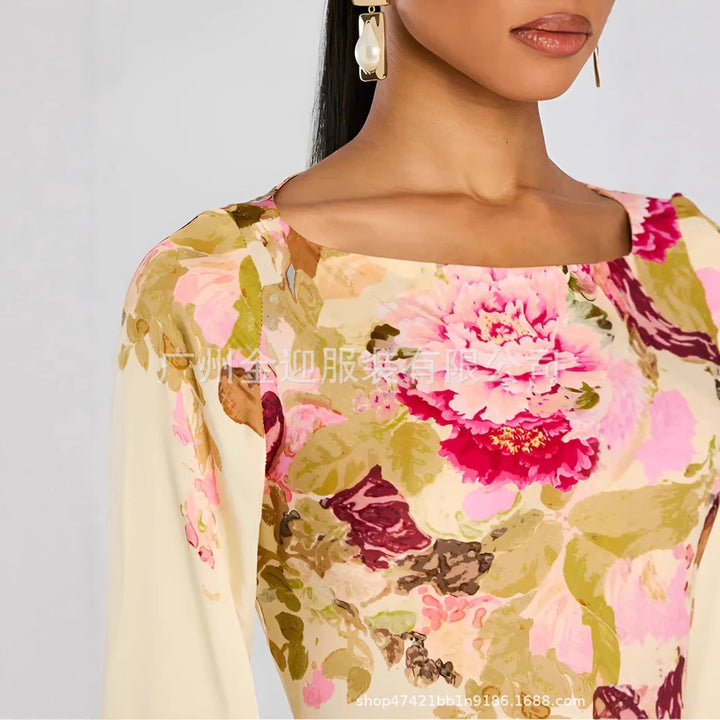 Frauen langen Abendkleid mit Trompetenärmeln und floralem Muster – Valéora