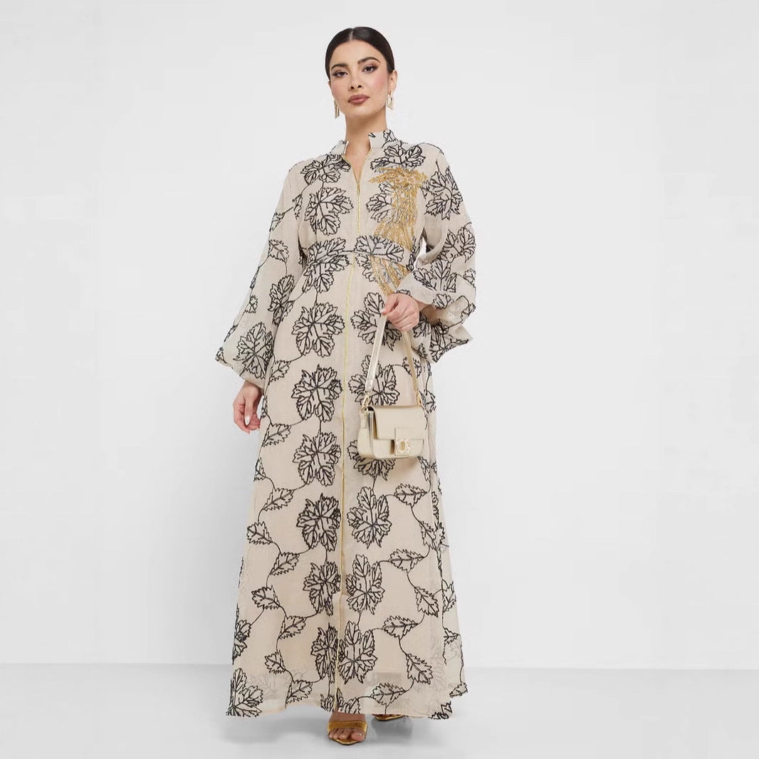 Damen Besticktes Maxikleid im Kaftan-Stil mit Reißverschluss, Taillengürtel und Ballonärmeln – Valéora