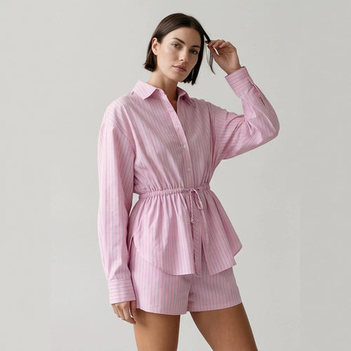 Damen Gestreiftes Loungewear-Set aus Leichtbaumwolle mit Kordel-Taille & Shorts Echoarchiv