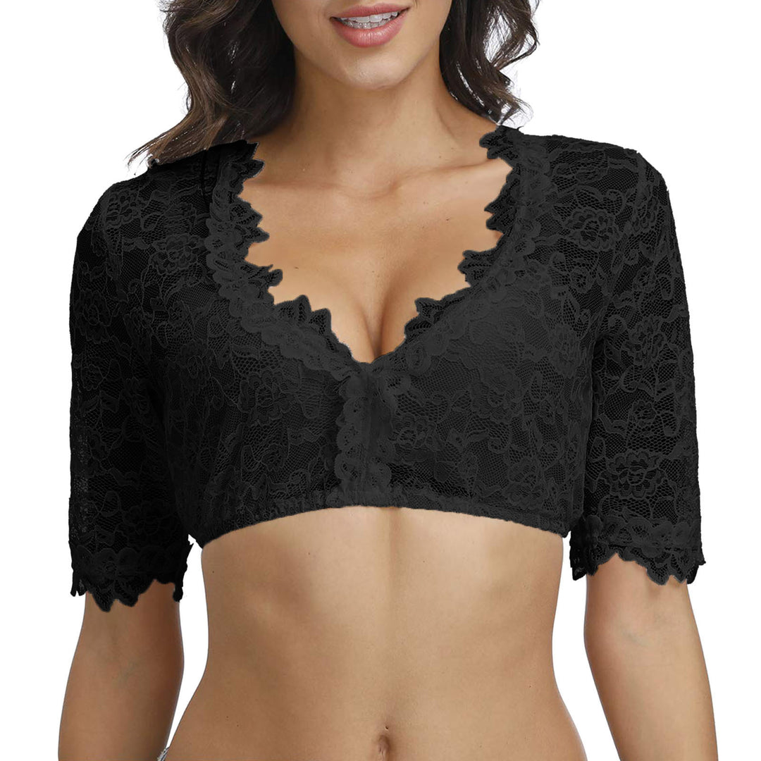 Damen nan spitzenbesetzte Kurzbluse mit V-Ausschnitt und halblangen Ärmeln Echo Archiv