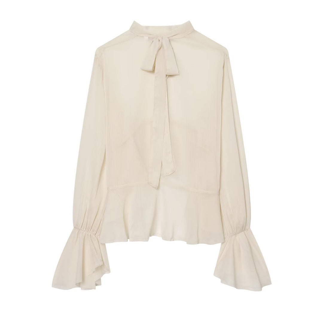 Damen Asymmetrische Volant-Bluse mit hohem Vorderteil, tiefem Rückteil und Trompetenärmeln Echo Archiv