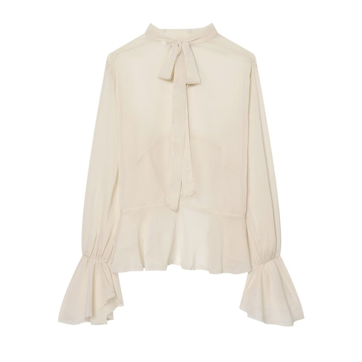 Damen Asymmetrische Volant-Bluse mit hohem Vorderteil, tiefem Rückteil und Trompetenärmeln Echo Archiv
