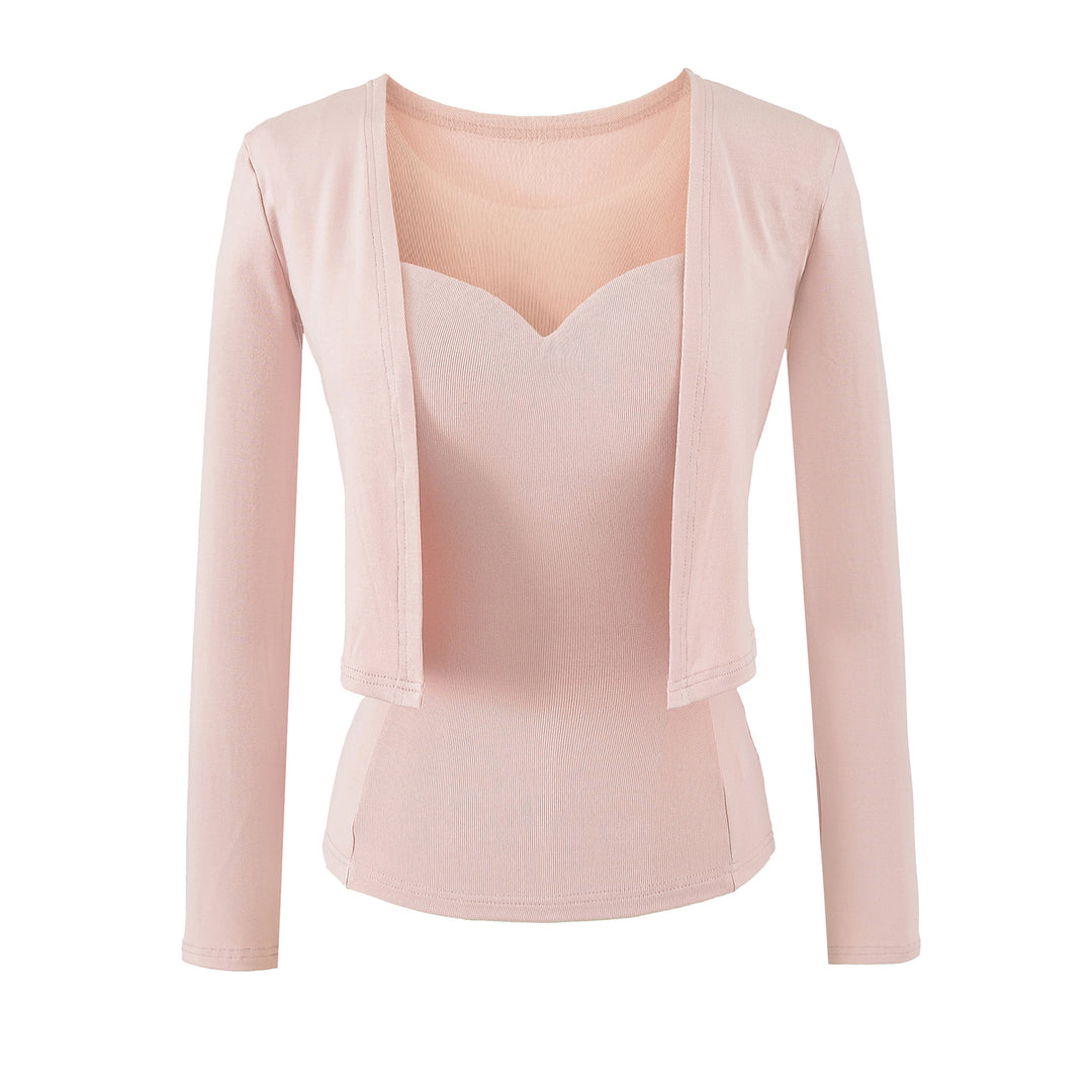 Damen Zweiteiliges Feinstrick-Top-Set mit Mesh-Einsatz und offenem Cardigan Echoarchiv