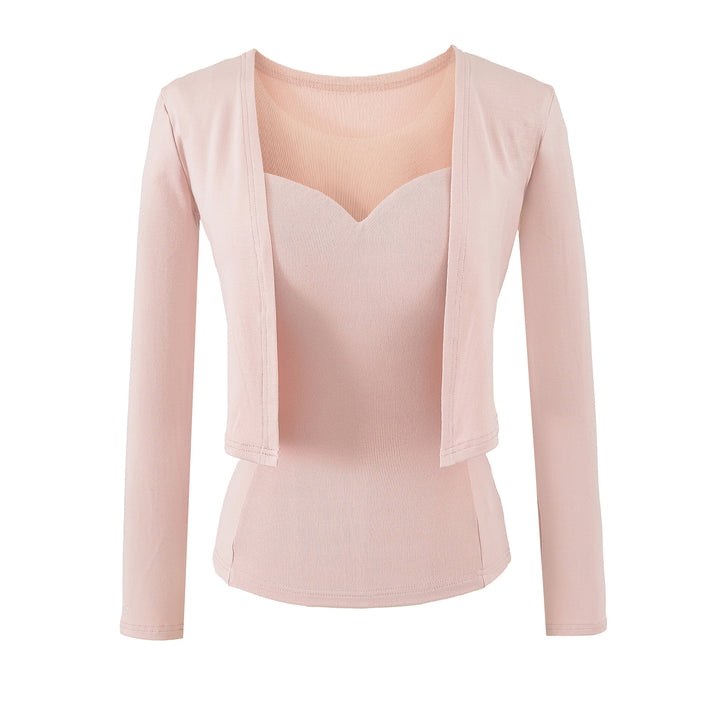 Damen Zweiteiliges Feinstrick-Top-Set mit Mesh-Einsatz und offenem Cardigan Echoarchiv