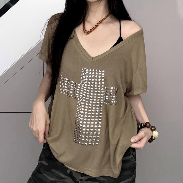 Damen V-Ausschnitt T-Shirt mit stilvollem Nieten-Dekor Echo Archiv