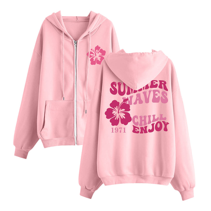 Damen entspannter Zip-Hoodie mit tropischem Hibiskus-Print, Kängurutaschen und gerippten Bündchen – Auréline