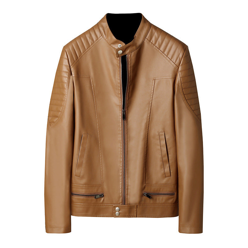 Herren Lederimitat-Bikerjacke mit Stehkragen und gesteppten Schulterpaneelen – Valtoré