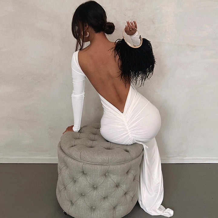 Damen Elegantes figurbetontes Maxikleid mit langen Ärmeln und Rundhalsausschnitt Echo Archiv