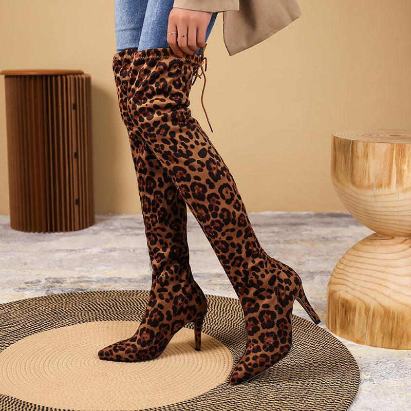 Damen Overknee-Stiefel mit Leopardenprint, schlanker Stiletto‑Form Echo Archiv