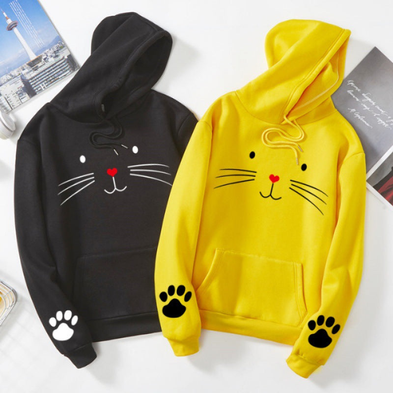 Damen Kapuzenpullover mit gedrucktem Katzenmotiv, Kängurutasche und Pfotenapplikationen – Auréline
