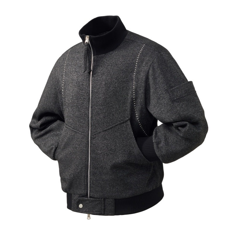 Herren Wollmischung Bomberjacke mit Stehkragen, gerippten Bündchen und Utility-Arm-Tasche – Brevano