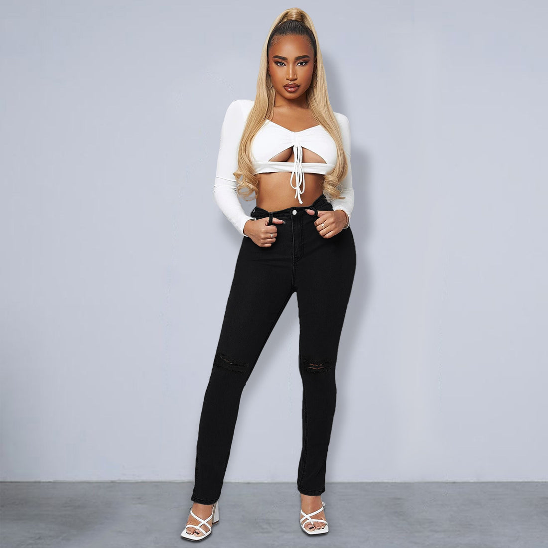 Damen Sculpting High-Waist Skinny-Jeans mit Knie-Slits und Knöchel-Reißverschluss Echo Archiv