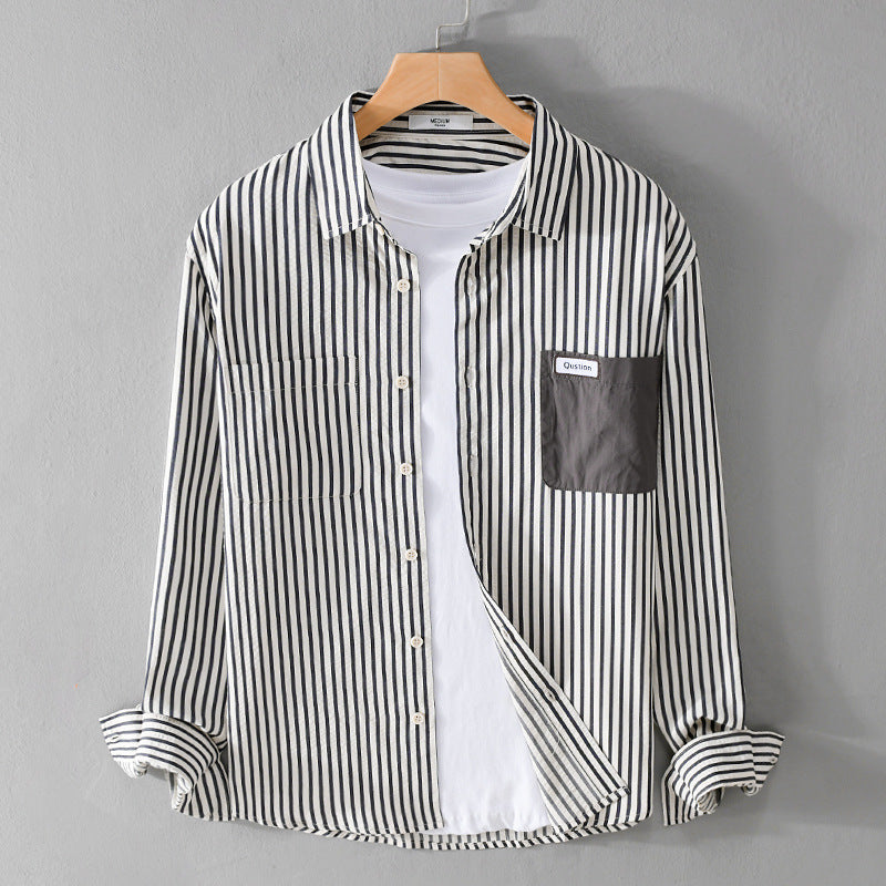 Herren Gestreiftes Langarm-Overshirt aus Baumwollmix mit kontrastierter Brusttasche Echoarchiv