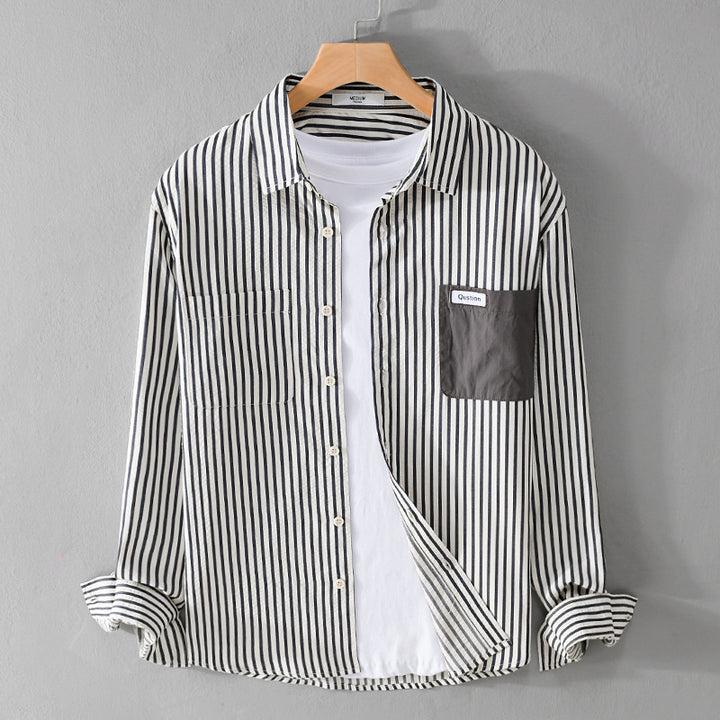 Herren Gestreiftes Langarm-Overshirt aus Baumwollmix mit kontrastierter Brusttasche Echoarchiv