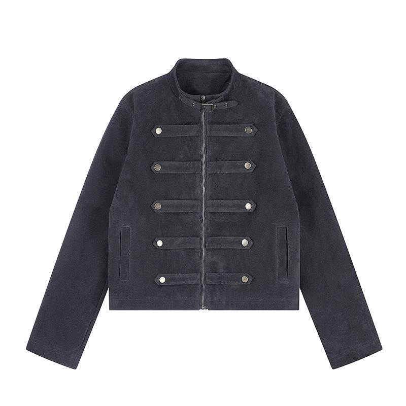 Damen Kurzjacke aus Veloursleder im militärischen Stil mit Stehkragen und Zierriegeln Echoarchiv