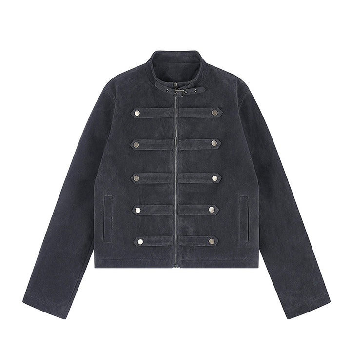 Damen Kurzjacke aus Veloursleder im militärischen Stil mit Stehkragen und Zierriegeln Echoarchiv