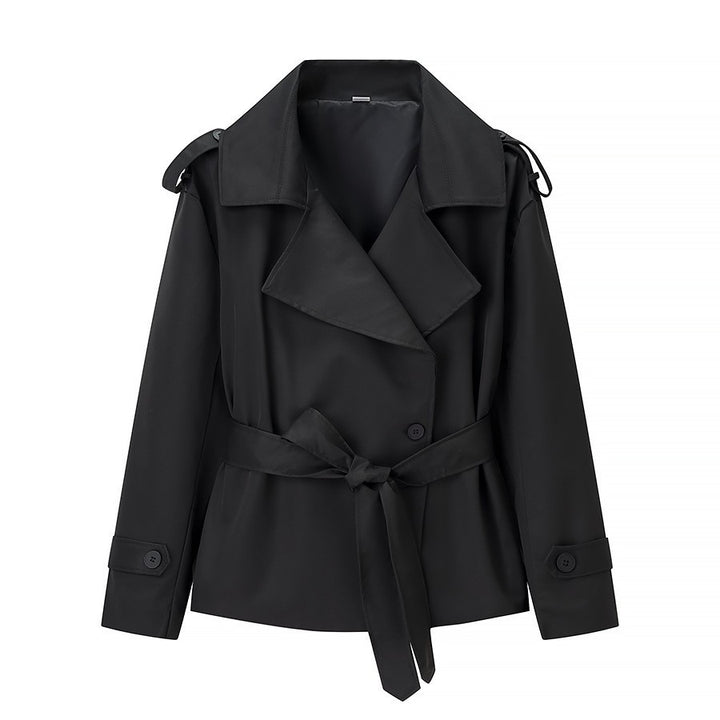 Damen nan kurzer taillierter Trenchcoat mit Bindegürtel, großem Revers und Manschettenriegel Echo Archiv
