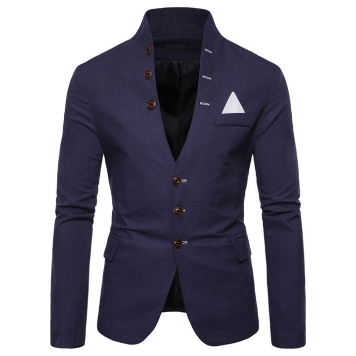 Herren eleganter Blazer mit modernem Stehkragen und ausgefallenen Knopfdetails Echoarchiv