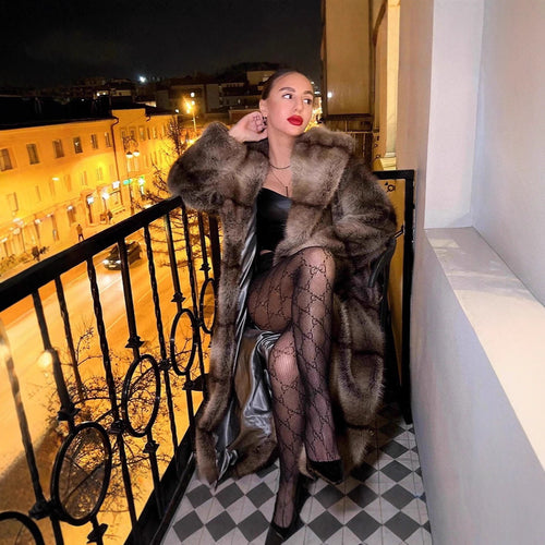 Damen Luxuriöser Oversize-Kunstpelzmantel mit Kapuze und satiniertem Futter Echo Archiv