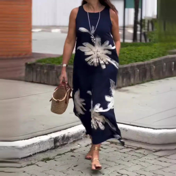 Damen nan ärmelloses lässiges Maxikleid aus Leichtjersey mit großflächigem Pinselblumenmuster und versteckten Seitentaschen Echo Archiv
