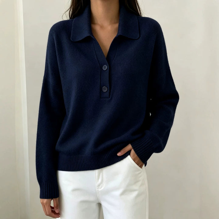 Damen Polokragen-Pullover mit halber Knopfleiste und geripptem Saum – Mavelle