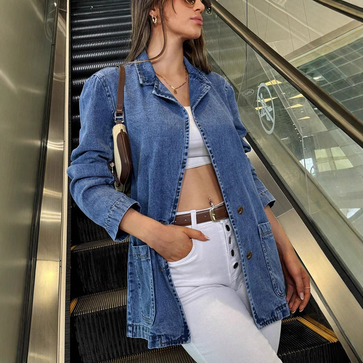 Damen Longline-Denimjacke mit lässigem Oversize-Schnitt und aufgesetzten Taschen Echo Archiv