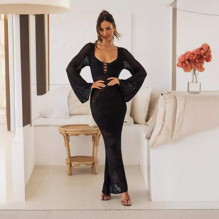 Damen langes Häkelkleid mit V-Ausschnitt und dekorativen Cut-Outs Echo Archiv