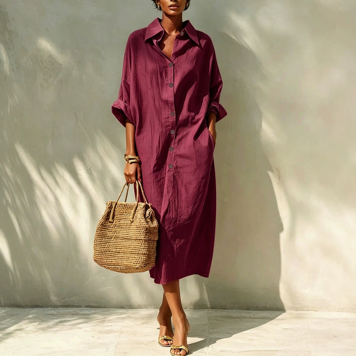 Damen Langes Oversize-Hemdblusenkleid mit Kentkragen und durchgehender Knopfleiste – Valéora