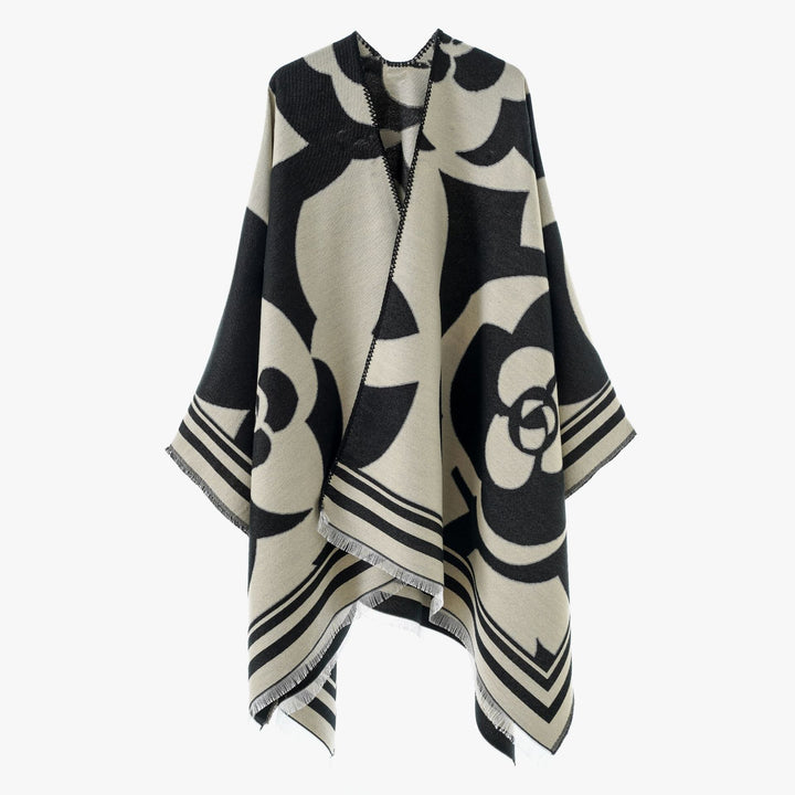 Damen Grobgewebter Jacquard-Überwurf mit großflächigem Ornamentmuster und Zierfransen – Avérine