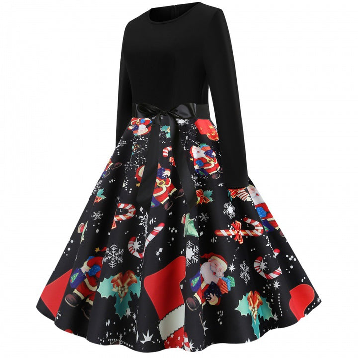 Damen Weihnachtliches Vintage-Swingkleid mit Santa- und Zuckerstangen-Print, tailliertem Oberteil und Satinschleife – Élara