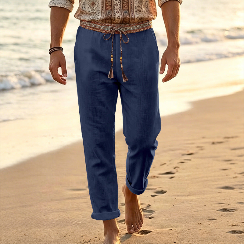 Herren nan maritime Leinen-Loungehose mit dekorativem Ethno-Bund, elastischem Tunnelzug und geradem Bein Echo Archiv