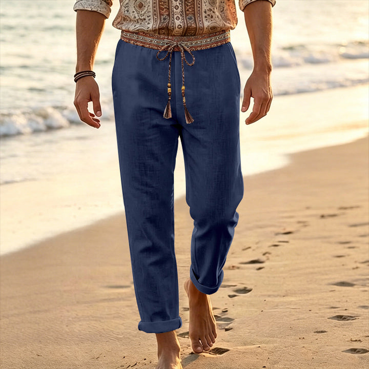 Herren nan maritime Leinen-Loungehose mit dekorativem Ethno-Bund, elastischem Tunnelzug und geradem Bein Echo Archiv