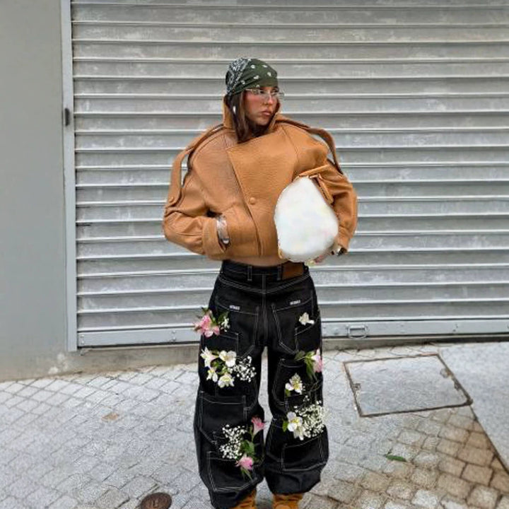 Damen Cropped Oversize-Jacke aus strukturiertem Kunstleder mit hohem Stehkragen Echoarchiv