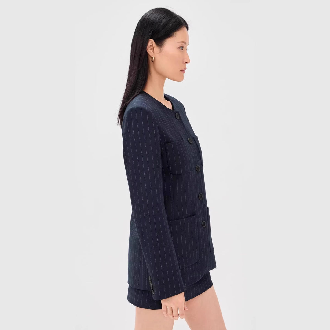 Damen Zweiteiliges Nadelstreifen-Tailoring-Set mit kragenlosem Blazer und hochgeschnittenem Minirock Echoarchiv