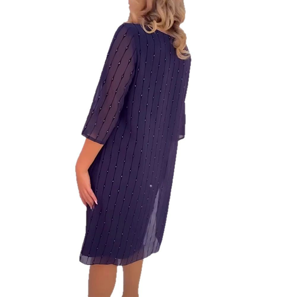 Damen nan elegantes Chiffon-Midikleid mit vertikaler Pailletten- und Perlenapplikation sowie transparenten Dreiviertelärmeln Echo Archiv