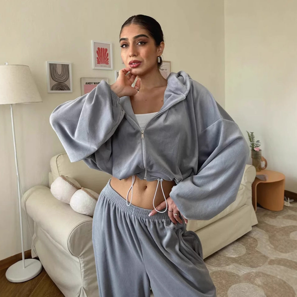 Damen kurzes Kapuzenzipper-Lounge-Set mit oversized Ärmeln und weitem Jogginghose-Schnitt – Auréline