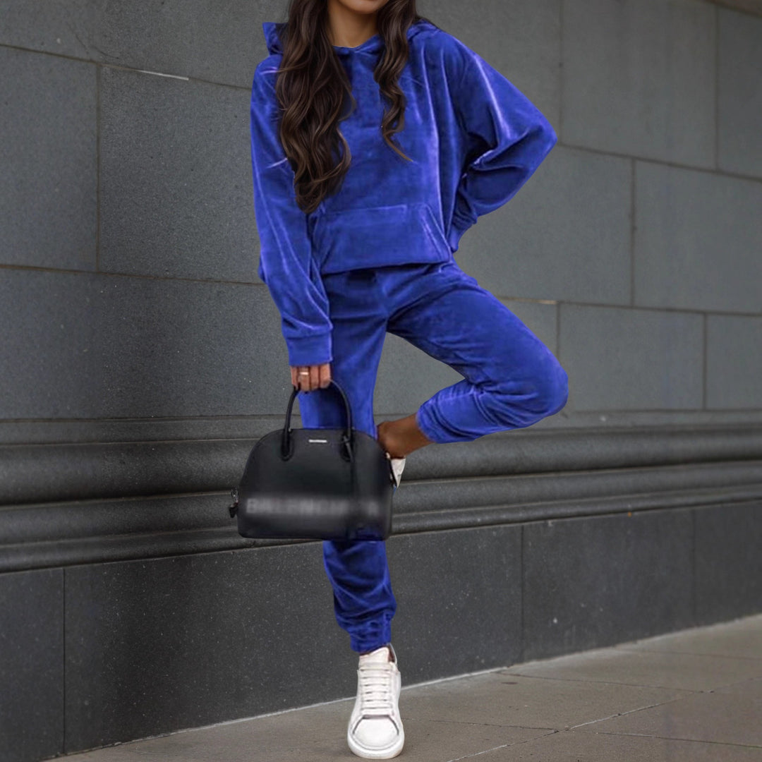 Damen Samt-Jogginganzug mit Kapuzenhoodie, Kängurutasche und elastischer Bündchenhose Echoarchiv